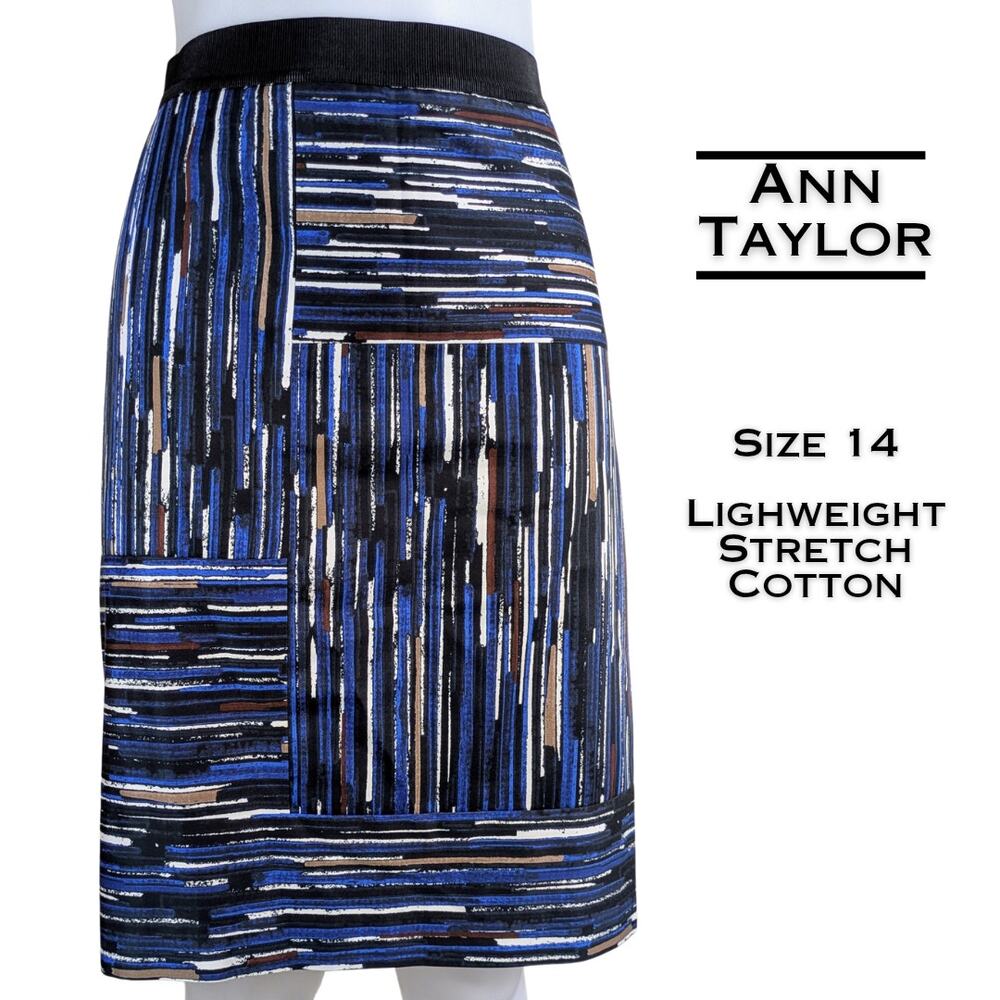 Ann Taylor Straight Pencil Skirt 14 Blue Black Geometric Stripe Print Career